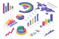 Isometric charts. Circle diagram, world map, pie and donut chart, graphic. 3d data analysis infographic elements for