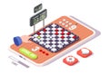 Isometric checkerboard, hand playing checkers on smartphone screen, flat vector illustration. Checkers game on mobile. Royalty Free Stock Photo