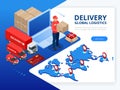 Isometric Checking delivery and ligistics service app on computer. Delivery truck with cardboard box and delivery man