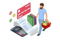 Isometric checking a grocery receipt, grocery shopping and expenses concept. Grocery supermarket, food and eats online