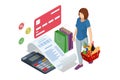 Isometric checking a grocery receipt, grocery shopping and expenses concept. Grocery supermarket, food and eats online