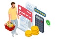 Isometric checking a grocery receipt, grocery shopping and expenses concept. Service for delivery app. Food market in