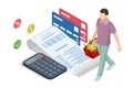 Isometric checking a grocery receipt, grocery shopping and expenses concept. Service for delivery app. Food market in