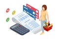 Isometric checking a grocery receipt, grocery shopping and expenses concept. Service for delivery app. Food market in