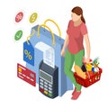 Isometric checking a grocery receipt, grocery shopping and expenses concept. Grocery supermarket, food and eats online