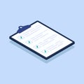 Isometric checklist vector illustration. Pad with sheets of paper and a list of tasks with checkboxes that are checked
