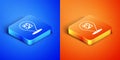 Isometric Cheese icon isolated on blue and orange background. Square button. Vector