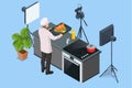 Isometric Chef Cook Recording Video On Camera at Kitchen. Chief In White Uniform Blogger, Food Blogger or Cooking Video
