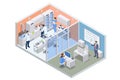 Isometric chemical laboratory concept. Laboratory assistants work in scientific medical chemical or biological lab