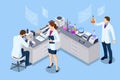 Isometric chemical laboratory concept. Laboratory assistants work in scientific medical chemical or biological lab