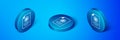 Isometric Chemistry report icon isolated on blue background. Blue circle button. Vector