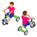 Isometric Children`s tricycle isolated on white background. Baby balance bike. Royalty Free Stock Photo