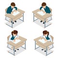 Isometric children at school sit at their desks and write. Schooling and Education.