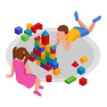 Isometric children stacks building cubes sitting at home or nursery room. Eco-friendly wooden constructor. Child