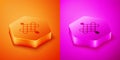 Isometric Chinese paper lantern icon isolated on orange and pink background. Hexagon button. Vector Royalty Free Stock Photo