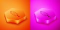 Isometric Chinese paper lantern icon isolated on orange and pink background. Hexagon button. Vector