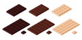 Isometric chocolate bars and pieses. Dark, milk and white chocolate. Isolated on white background