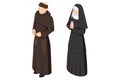 Isometric Christian catholic monk, A nun in traditional robes on white background