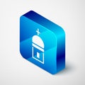 Isometric Christian church tower icon isolated on grey background. Religion of church. Blue square button. Vector Royalty Free Stock Photo