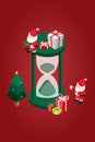 Isometric Christmas banner template promotion for advertising with Santa and hourglass