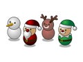 Isometric Christmas cute characters, snowman, santa, reindeer, elf, isolated on white background.
