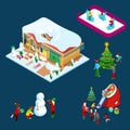 Isometric Christmas Decorated House with Christmas Tree, Santa, Children and Snowman