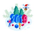 Isometric 2019 Christmas or New Year background. Drones with Santa`s hat delivering Christmas gifts. Vector illustration