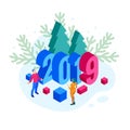 Isometric 2019 Christmas or New Year background. Vector illustration