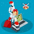 Isometric Christmas robot, Santa Drone Fast Delivery of goods in the city. Technological shipment innovation concept