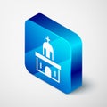 Isometric Church building icon isolated on grey background. Christian Church. Religion of church. Blue square button Royalty Free Stock Photo