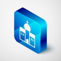 Isometric Church building icon isolated on grey background. Christian Church. Religion of church. Blue square button Royalty Free Stock Photo
