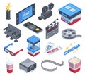 Isometric cinema, movie theatre, tickets, 3d eyeglasses and popcorn. Cinema chairs, soda, film and projector 3D vector