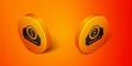 Isometric Cinema ticket icon isolated on orange background. Orange circle button. Vector Royalty Free Stock Photo