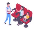 Isometric cinema visitors. Family sitting in movie theatre chairs with popcorn, soda pop and 3d glasses. People watching film 3d