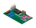 Isometric circuit board with electronic components. Computer chip technology processor circuit and computer motherboard