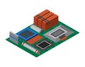 Isometric circuit board with electronic components. Computer chip technology processor circuit and computer motherboard