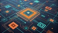Isometric Circuit Board Orange and Teal Processors