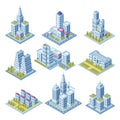 Isometric city architecture, cityscape building, landscape garden and office skyscraper. Buildings for 3d street map