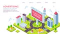 Isometric city billboard. Landing page with 3D city landscape and advertising banner. Vector outdoor ads concept