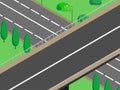 Isometric city bridge; landscape 3d route; vector image of the road. Transport road, street, viaduct or high-speed track, overpass