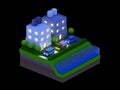 Isometric city buildings, landscape, Road and river, night scen Royalty Free Stock Photo