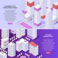 Isometric city buildings outline horizontal banner template set