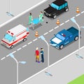 Isometric City Car Accident with Ambulance and Police Vehicle