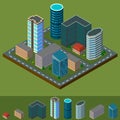 Isometric city center with skyscrapers, offices and stores with icons separately. Vector illustration Royalty Free Stock Photo