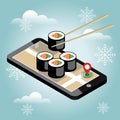 Isometric city. Christmas and New Year food delivering. Sushi. Mobile searching. Geo tracking. Map. Isometric city in