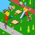 Isometric City. City Park with Children Playground and Bicycle Path. Vector
