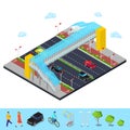 Isometric City. City Road with Pedestrian Bridge and Bicycle Path Royalty Free Stock Photo