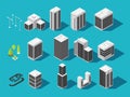 Isometric city 3d building and houses with urban elements vector set Royalty Free Stock Photo