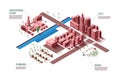 Isometric city. 3D business map with districts zone. Modern buildings and highways. Streets and plants. Suburb houses