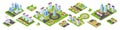 Isometric city. 3D real estate houses cars and town constructions, city blocks with streets and nature. Vector urban